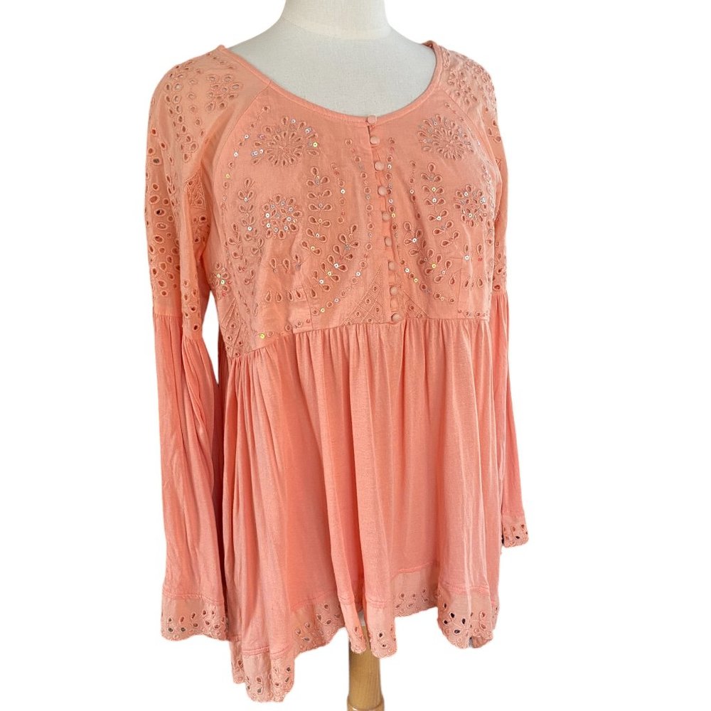 Free People Sea of Love Eyelet Tunic Top Salmon Peach Sequin Babydoll Boho-M